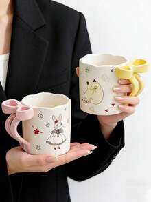 1 pieza Taza de cerámica creativa y linda con lazo 3D pintado a mano con esmalte, taza hecha a mano personalizada, regalo para amigos y novias, adecuada para oficina, hogar, cafetería, pastelería - Multicolor - Ver 4