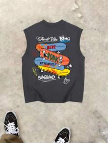 青少年男孩街头风滑板“KING”字母印花无袖背心+工装裤春夏舒适新款套装 - 深灰色 - 查看 6