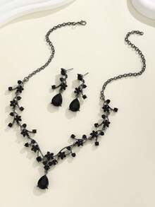 复古梅子色三件套，包含紫色水钻耳环和项链，适合新娘、伴娘、婚礼晚宴、舞会、晚礼服配饰 - 黑色 - 查看 2