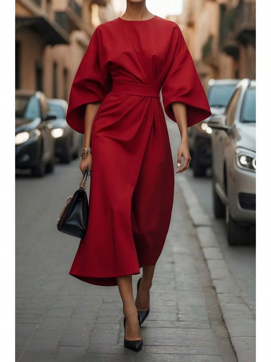 2026 Women S European American Fashion Elegant Solid Color Waist Cinching Bat Sleeve Long Dress Casual Party Work Office Dresses - 紅色 - 查看 1