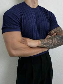 Men's Solid Color Minimalist Casual Short Sleeve Knit Sweater - Navy Blue - View 6