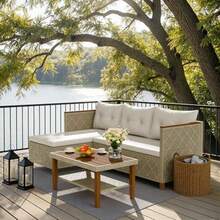 Devoko Patio Furniture Set 3 Piece Outdoor Sectional Sofa Hollow Rattan Patio Seating Sofa With Coffee Table And Ottoman For Deck Porch Poolside - 淺褐色的 - 查看 8