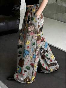 女士卡通印花阔腿裤，宽松休闲裤，春季款 - 灰色 - 查看 5