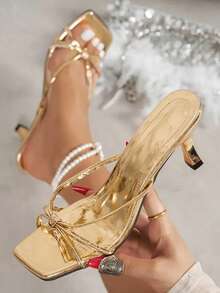 女士方头细高跟金色人字拖凉鞋，性感时尚派对闪亮金色高跟鞋 - 金色 - 查看 12