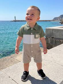 Mono de Verano para Niños, a la Moda, con Rayas de Color en Contraste, Manga Corta y Cuello de Solapa - Verde - Ver 4