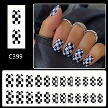 48 Pieces Of Matte Black And White Checkered Rectangular Patches For Medium-Length Nails, Featuring A Minimalist Design Suitable For Both Casual And Formal Occasions - 48pcs - View 2
