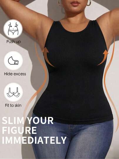 Plus Size Women's Black Seamless Ribbed Racerback Shapewear Camisole, Waist & Abdomen Slimming, Suitable For Sports, Fitness, Casual Everyday Wear