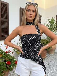 Women's Dot Print Tube Tops With Neckband Ruffle Asymmetrical Hem Summer Strapless Crop Bandeau - 黑色 - 查看 4