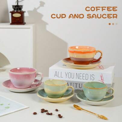 1个杯子和1个碟子，两件套陶瓷咖啡具，春季系列，适合春节和聚会，母亲节礼物，居家或咖啡馆使用，可用于洗碗机、微波炉、烤箱和冰箱。