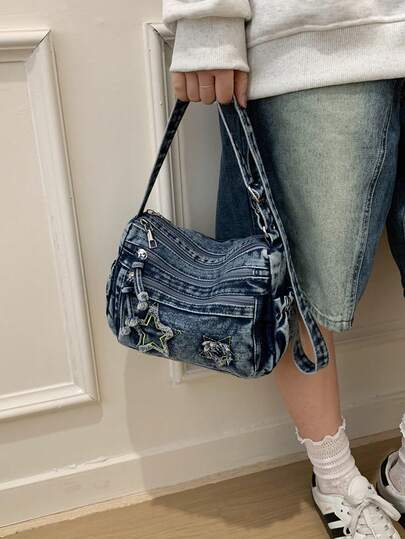 1件装女士牛仔休闲单肩包，个性斜挎包，多隔层设计，五角星时尚复古美式风格单肩包