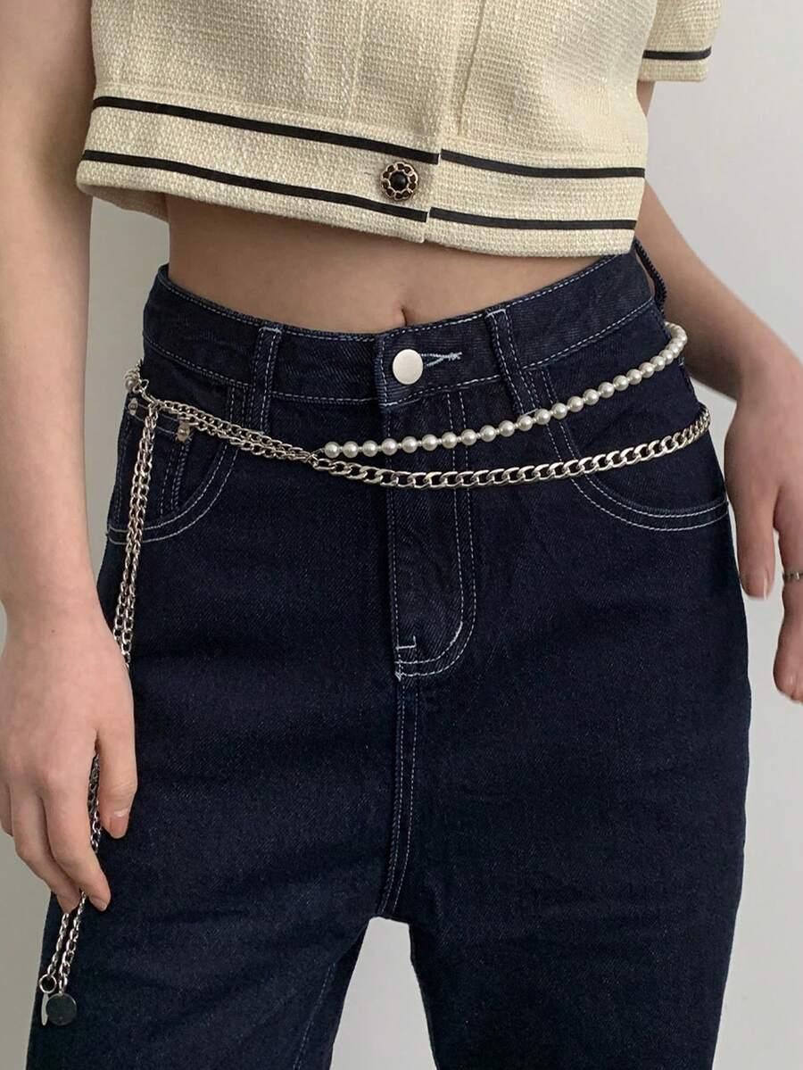 1pc Women's Silver Alloy Material Niche Double-Layer Pearl Waist Chain - Silver - View 1