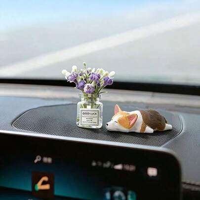 2pcs Creative Cute Smelling Flower Corgi Miniature Landscape Decor, Car Interior Dashboard/Computer Screen Decoration, DIY Landscape Accessory