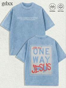 1-Pack Plus Size Christian-Themed T-Shirt Featuring "One Way Jesus" Graphic - Loose Fit, 230g Washed Pure Cotton Fabric. Stylish, Streetwear-Inspired, And Vintage Distressed Wash; Unisex Top. Men's Summer Top. - Màu xanh nhạt - Xem 1