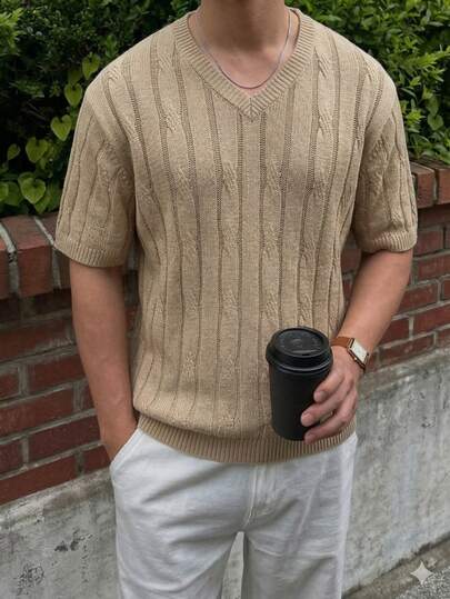 男士新款休闲宽松纯色扭绳印花复古通勤小众设计优雅V领套头短袖T恤针织衫，春夏款