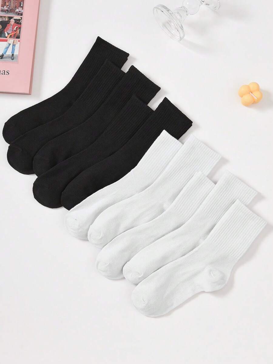 5/10 Pairs Unisex Solid Color Mid-Calf Socks, All Season - Multicolor - View 1