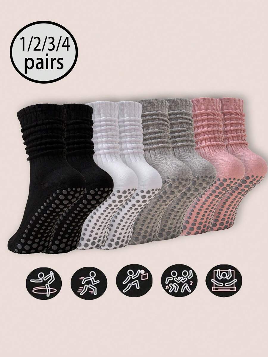 1/2/3/4 Pairs Women Non-Slip Pilates Yoga Socks, Anti-Slip Socks, Shock-Absorbing Sports Socks, Professional Fitness Pilates Non-Slip Long Socks For Leggings, Dance Sports Adult Floor Socks. All Season, Valentine's Day Gift, Gift For Girlfriend/Mom - Multicolor - View 1