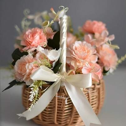 1pc Woven Wedding Flower Basket, - Features A Removable Liner And Serves Multiple Purposes For Storing Flower Petals. Available In Pastel Blue, White, And Grey, It'S Perfect For Home Use, Weddings, Photo Props, And Garden Storage