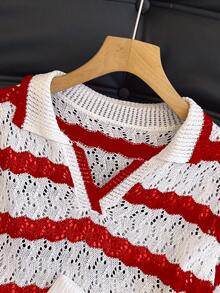 女士条纹 Polo 领短裤套装，时尚休闲宽松镂空薄针织度假两件套，春夏款 - 紅色 - 查看 5