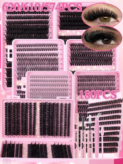 620/610/574pcs D-Curl Individual Lashes Book, Includes Lash Glue, Tweezer, Multi-Style Lashes, High-Capacity Lashes Easy To Use, Suitable For Beginners, Long-Lasting Thick & Fluffy False Lashes Set, Soft & Natural Fake Lashes, Large Capacity Lash Book, Suitable For Daily, Night Party, Wedding, Date And Other Eye Makeup