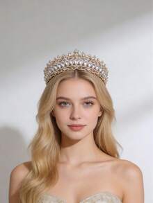 1pc Elegant Baroque Crystal Crown, Bridal Wedding Headpiece, Romantic Women's Party Event Ball Tiara Hair Accessory - Multicolor - View 4