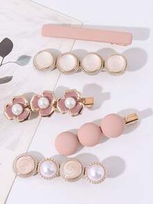 5pcs Elegant Side Bangs Clip, Bun Holder, Pink Flower Hair Clips Set - Pink - View 1