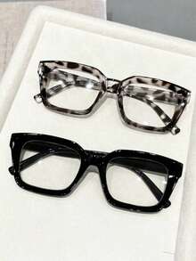 两副豹纹波西米亚几何铆钉透明镜片时尚眼镜，适合日常佩戴、街头摄影、旅行和返校季。 - 2pcs 黑白豆花白平 - 查看 1