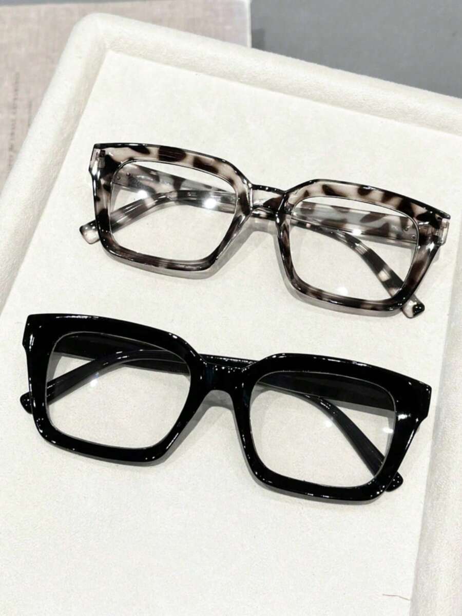 两副豹纹波西米亚几何铆钉透明镜片时尚眼镜，适合日常佩戴、街头摄影、旅行和返校季。 - 2pcs 黑白豆花白平 - 查看 1