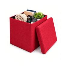 Cubo Puf Organizador De Lino Plegable Multiusos Con Tapa Acolchada Y Gran Capacidad De Almacenamiento 38x38x38cm - Rojo - Ver 7