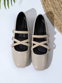 复古学院风玛丽珍鞋，三条绑带设计，百搭休闲女鞋 - 杏色 - 查看 2