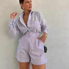 European And American Women's Clothing, New, Casual Short Trousers, Long-Sleeved Shirt Set.,Conjunto De Mujeres Elegantes - 灰紫 - 查看 1