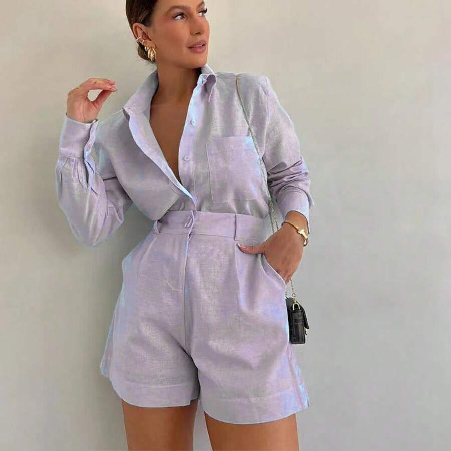 European And American Women's Clothing, New, Casual Short Trousers, Long-Sleeved Shirt Set.,Conjunto De Mujeres Elegantes - 灰紫 - 查看 1