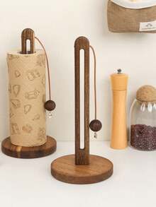 1个相思木纸巾架，台面式，立式纸卷架，适用于厨房和浴室 - 棕色 - 查看 2