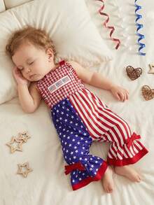 Toddler Girl 4th Of July Outfit Baby Girl American Flag Embroidery Striped Sleeveless Square Neck Romper Flared Jumsuit Cute Summer Clothes - 紅色 - 查看 7