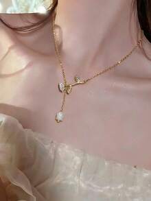 1件金色优雅新娘项链，法式浪漫婚礼新娘风格，精致雕花项链，饰以白玫瑰和铃兰，长流苏项链，修饰身形，适合结婚纪念日、订婚派对、婚纱照拍摄、教堂仪式、夏季等场合佩戴，珠宝首饰 - 彩色 - 查看 4
