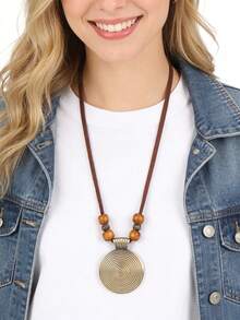 1pc Beaded & Geometric Metal Alloy Long Necklace, Retro Style For Women - Bronze Thread + Camel Beads - View 2