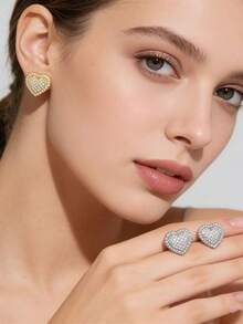 新款欧美风铜质微镶锆石心形耳钉，女士结婚周年纪念礼物 - 彩色 - 查看 3