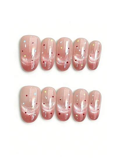 10片纯手工制作的按压式美甲，中号杏仁形美甲，粉色系裸粉色渐变猫眼美甲，饰以彩色糖点，柔和的春日少女风，透亮闪粉效果，简约日常佩戴，适合女性和女孩，春夏秋冬节日派对及日常生活使用。