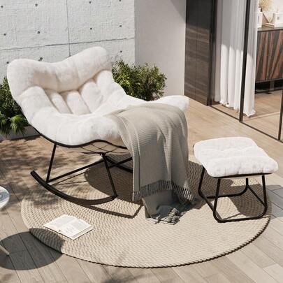 Silla Mecedora Huevo con Puff - Marco de Acero Resistente y Cojín Grueso, Soporta 400 lbs - Ideal para Terraza, Balcón, Sala o Dormitorio.