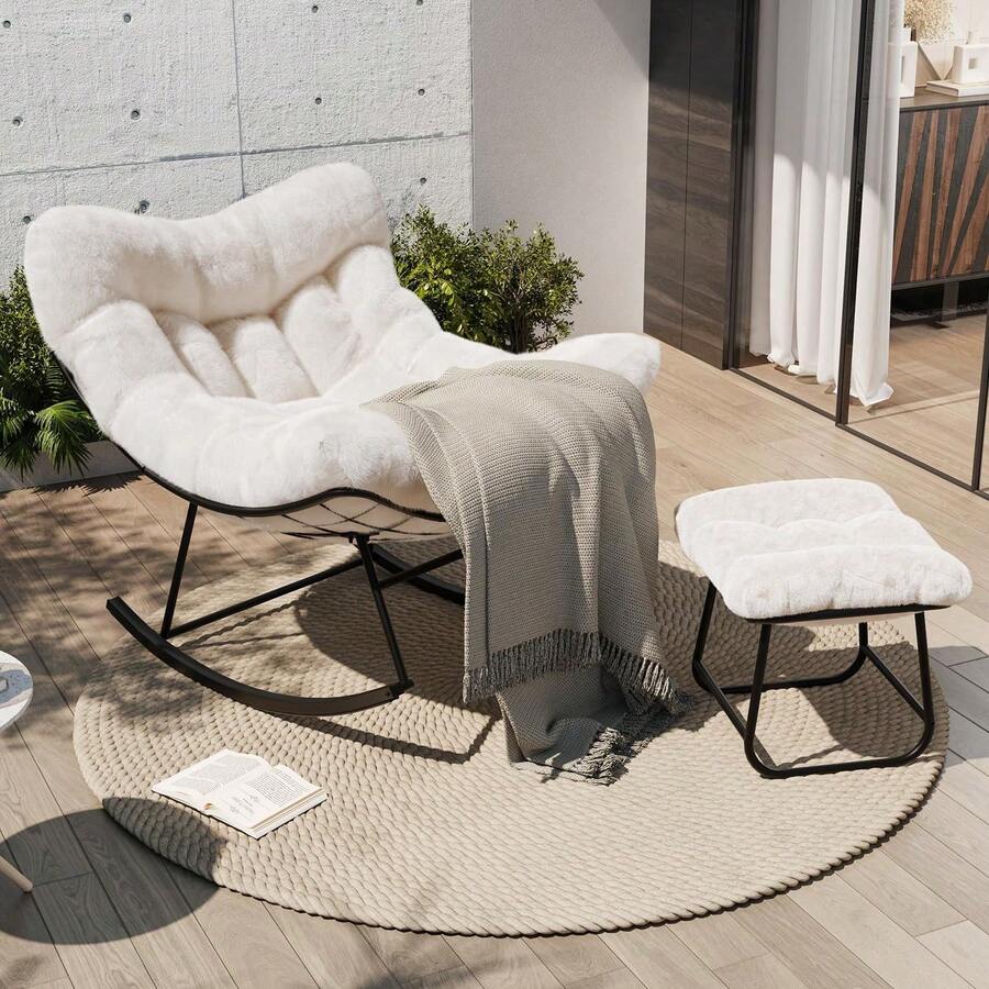 Silla Mecedora Huevo con Puff - Marco de Acero Resistente y Cojín Grueso, Soporta 400 lbs - Ideal para Terraza, Balcón, Sala o Dormitorio. - Beis - Ver 1