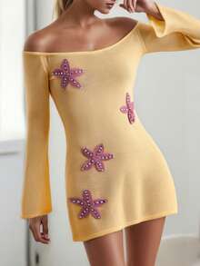 Women Starfish Sequin Mini Dress Off Shoulder Long Sleeve Knit Short Dress Sheer See Through Summer Beach Vacation Dresses - Màu vàng - Xem 3