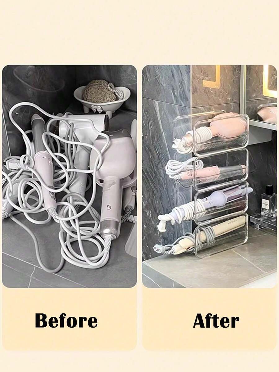 1/2 piezas Estante de almacenamiento de escritorio transparente de acrílico, adecuado para el tocador del baño para guardar secador de pelo, rizador, herramientas de belleza - Multicolor - Ver 1