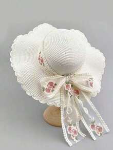 Summer New Korean Style Women's Ribbon Breathable Straw Hat, Travel Sun Hat, Oversized Brim, Bowknot, Bohemian Casual Elegant Vintage Street Style, Polyester, Wind/UV Protection, Spring And Summer - Mũ Rơm - Xem 1