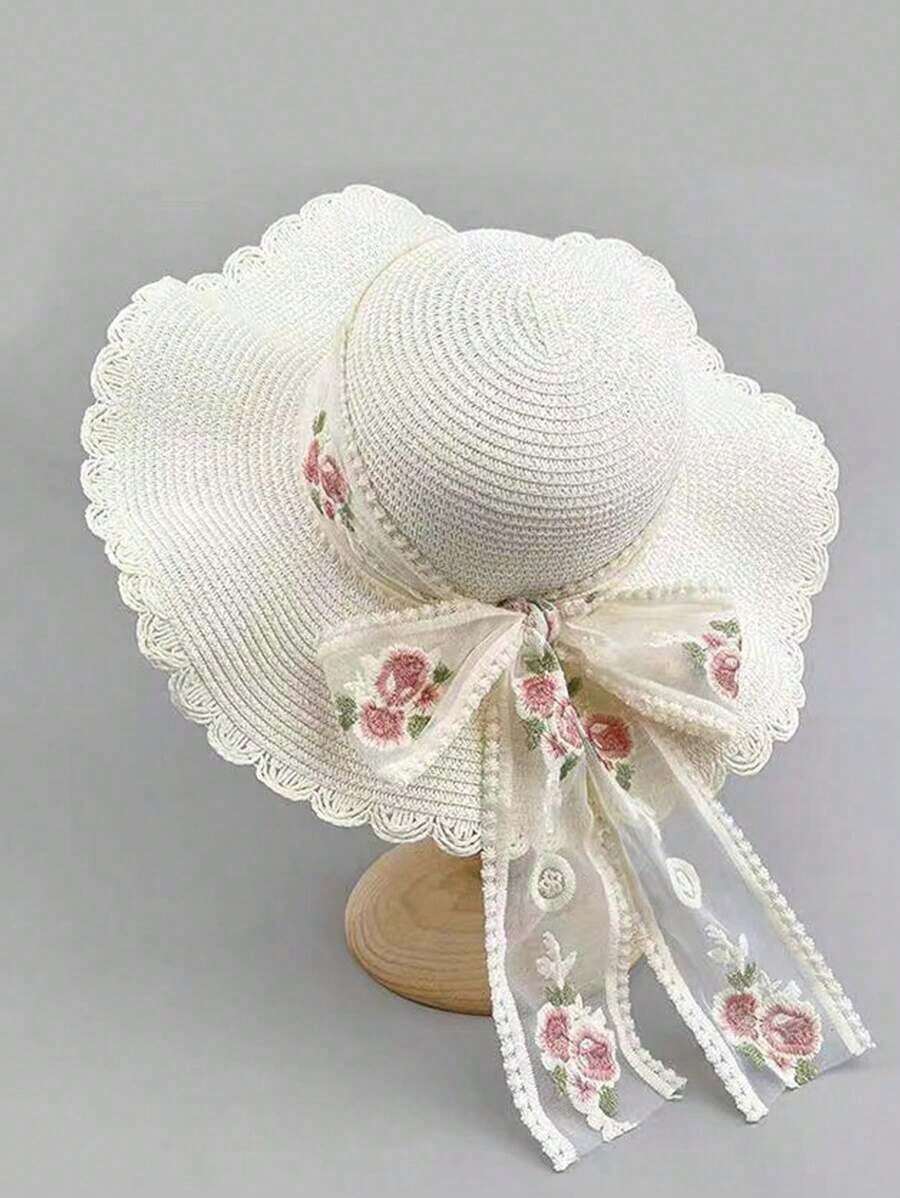 Summer New Korean Style Women's Ribbon Breathable Straw Hat, Travel Sun Hat, Oversized Brim, Bowknot, Bohemian Casual Elegant Vintage Street Style, Polyester, Wind/UV Protection, Spring And Summer - Mũ Rơm - Xem 1