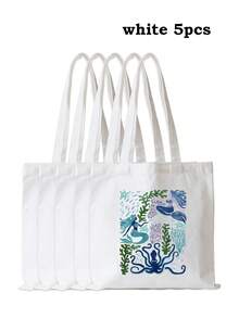 海洋生物印花帆布手提袋，轻便可重复使用，适合泳池度假日常必备 - 彩色 - 查看 25