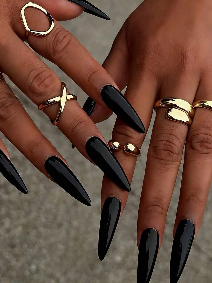 24pcs Minimalist Elegant Solid Black Nail Strips + 1pc Jelly Gel + 1pc Nail Buffer Press On Nails - Black - View 1