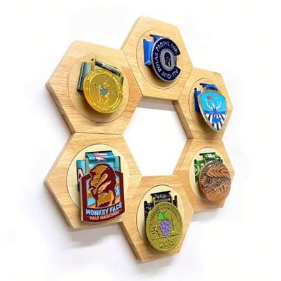 6Pcs Wood Medal Display Hanging Rack Wooden Hexagon Medals Storage Shelf For Sports Running All Types Of Medals Wall Or Desk