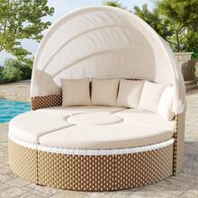Garden Lounge Chair Set, Garden Island, Rattan Garden Table And Chairs Set, Shell-Shaped Garden Bed, Extendable Canopy, Lift-Top Table, Beige, Cushions And Seat Pads Included - C - View 3