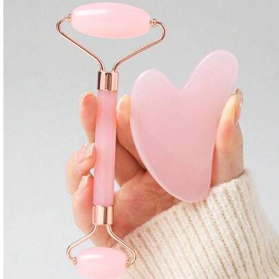 2pcs Gua Sha Tool Set: 1 Double-Head Massage Roller, 1 Heart-Shaped Gua Sha Board. Facial Massage Can Reduce Puffiness, Soothe And Soften The Skin, Leaving The Skin Radiant.