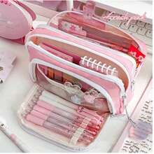 1pc Macaron Style Large Capacity Pencil Case, INS Style Portable Handheld Stationery Storage Bag, 3-Layer Design With Transparent Window, Multifunctional Cosmetic Bag For Daily Use, Ideal Back-To-School Essential Stationery Bag For Students And Young Office Workers - Multicolor - View 3