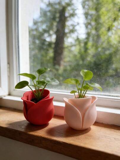 1pc Rose Flower Pot - 3D Printed In Plastic Material, Red/Pink Roses, Soft-Focus Petal Details, Water-Permeable Drainage Planting Pot, Suitable For Retro Desk And Balcony Arrangements, Daily Gardening Multi-Annual Succulent Pot, Mother's Day Gentle Decoration Gift, Valentine's Day Couple Table Decoration, Balcony Decoration